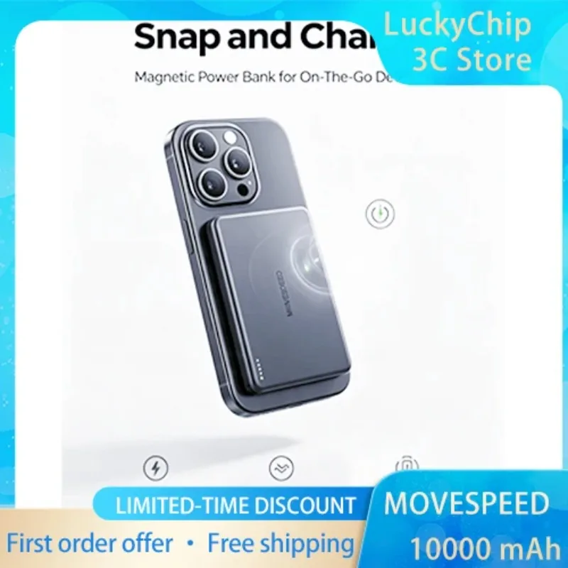 MOVESPEED Magnetic Power Bank Ultra Slim Portable Charger Built-in Type-C Cable Mini Magnet External Battery Pack For Smartphone