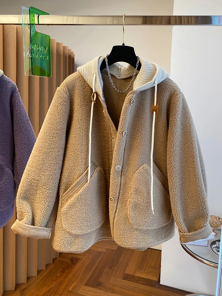 

Мужская осенне-зимняя куртка оверсайз из овечьего меха в японском стиле, свободного кроя, с капюшоном, повседневная, трендовая, в стиле Hong Kong Sle...