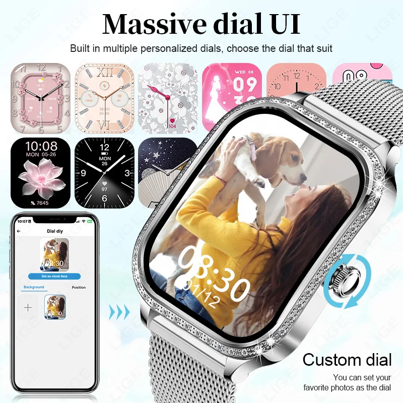 Lige novo smartwatch feminino 1.75 polegadas tela bluetooth chamada monitoramento de oxigênio no sangue senhora relógio à prova dwaterproof água relógio inteligente feminino 2024