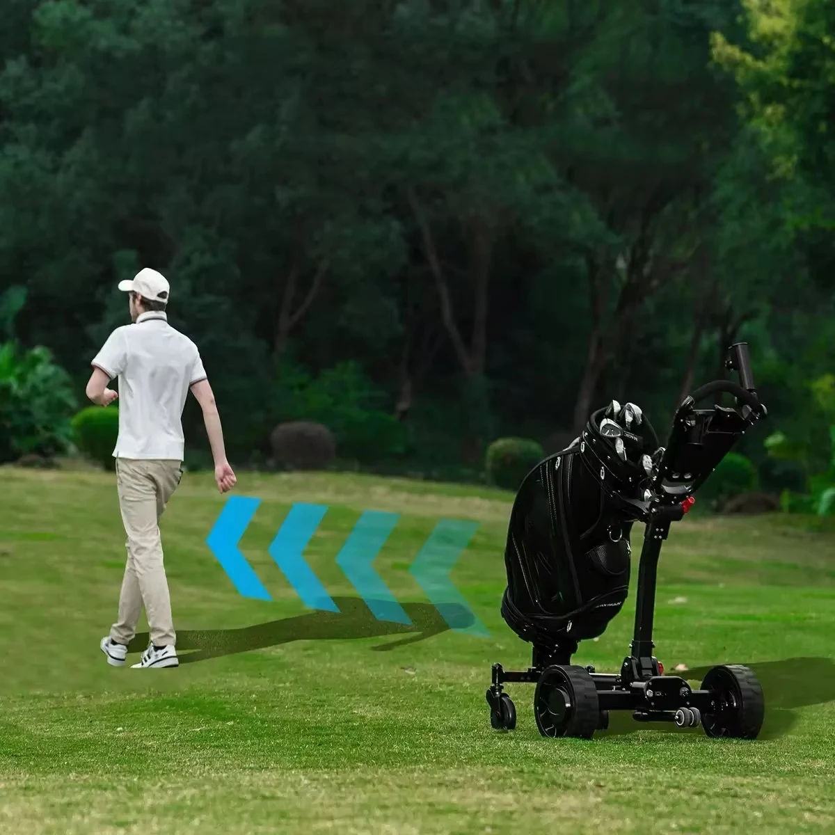 Remote Control Foldable 4 Wheel Electric Golf Cart Trolley With Detachable Battery Aluminum Alloy Frame 500W Motor Auto Follow