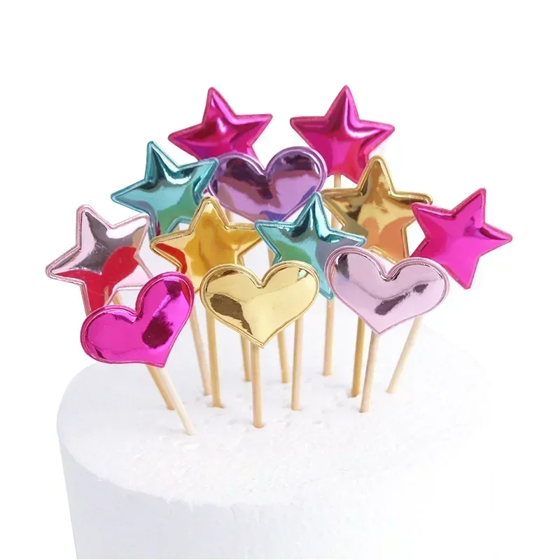 50pcs Star Cake Decoration Chroma Glitter Powder Heart Cake Topper Happy Birthday Party for Wedding Baby Boy Crown Cupcake Decor