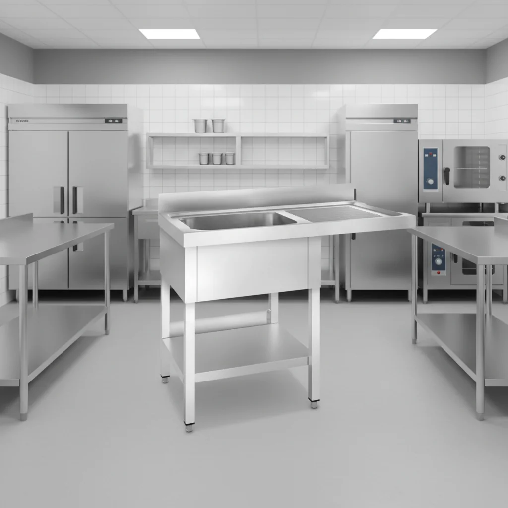 

Commercial Kitchen Steel Fabrication 304 SS Workbench Sink Prep Table Splashback Undershelf Adjustable Height Polished Finish