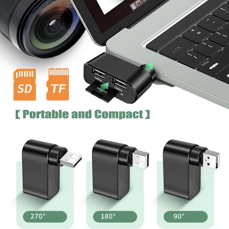 4 In 1 Draaibare Usb-Hub, Laptophub, Draagbare 180 Graden Roteren Usb-Hub, Usb-Hub Docking Station (Zwart + Wit)