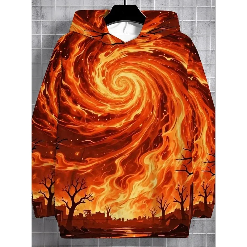 3D Full Print Fire Hoodie Men Back Swirl Flame Vortex Dead Tree City Scenery Drawstring Loose Casual Hooded Sweat Top