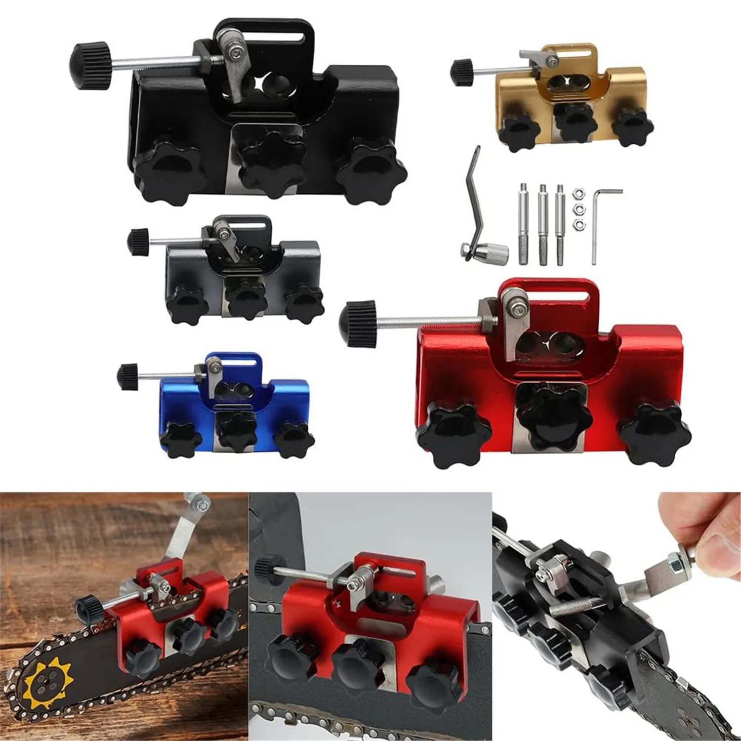 Portable Chainsaw Chain Sharpening Jig Chainsaw Sharpener Kit with 3 Grinding Rods Suit for All Kinds of Chain and Electric Saws