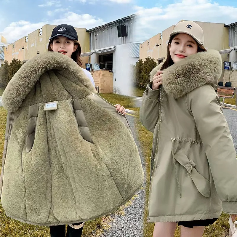 

Women's fashion long coat lambswool lined hooded parka 2024 winter jacket slim fur collar warm snow suit padded clothes parka