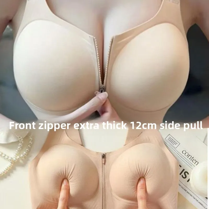女性用フロントジップスポーツブラ、ヨガプッシュアップ、12cm厚パッド入り、サイドサポートでリフトアップ、脇肉対策シームレスカップ、ワイヤーなし