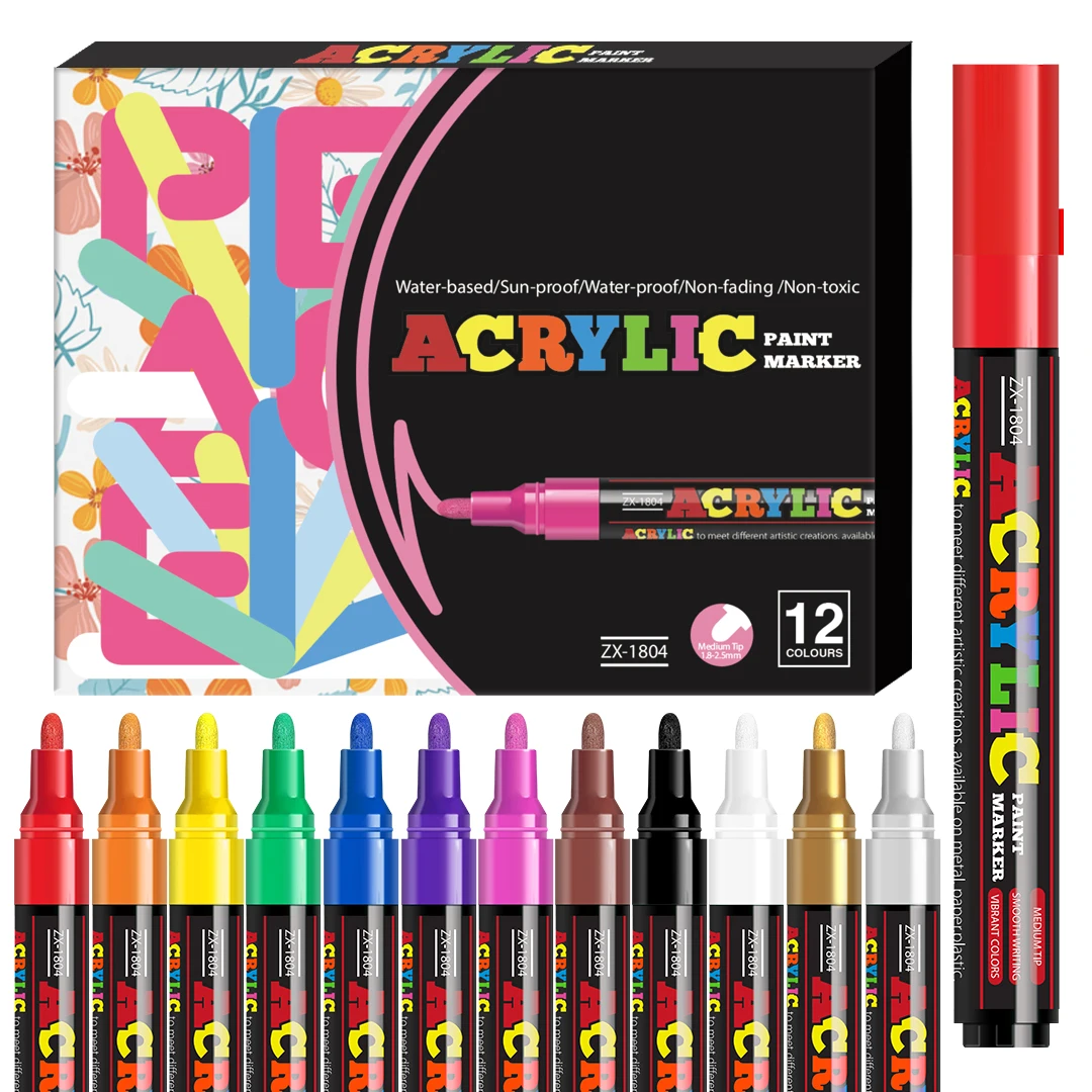 12/18/24 Farben Acryl-Marker-Set, mittlere Spitze (2-3mm), geeignet für Steinmalerei, schwarzes Papier und Skateboard-Dekoration – Detail 1