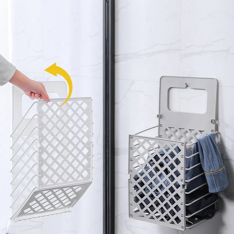 Sesame Plastic Wall Mounted Folding Dirty Laundry Storage Basket Colapsable Hanging Laundry Basket