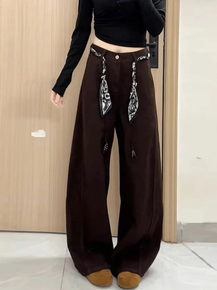 กางเกงยีนส์ทรงขาบานเอวสูงสีน้ำตาลกาแฟสำหรับผู้หญิง ทรงหลวม ขาตรง สไตล์ลำลอง รุ่นใหม่สำหรับฤดูหนาว