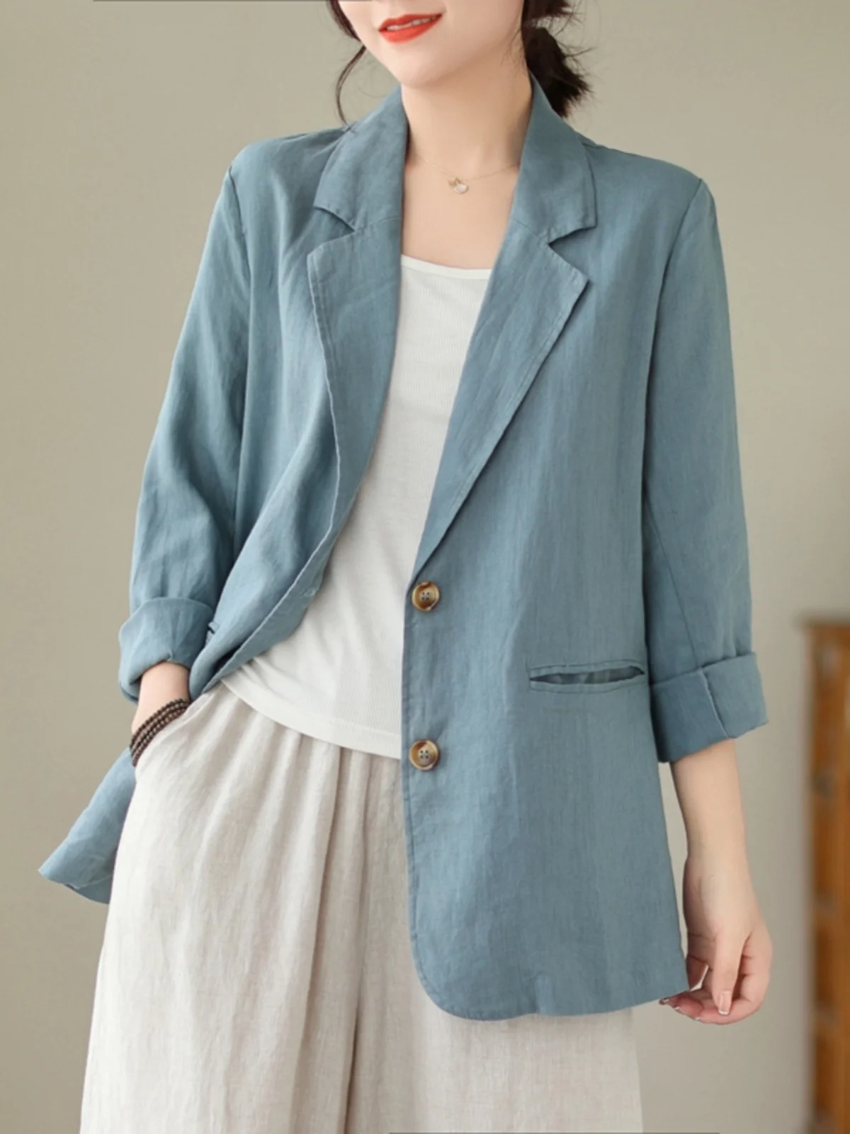 

Ele Хлопковый льняной костюм Jaet, женский весенне-осенний свободный повседневный льняной маленький топ в стиле вестерн на пуговицах, длинный све