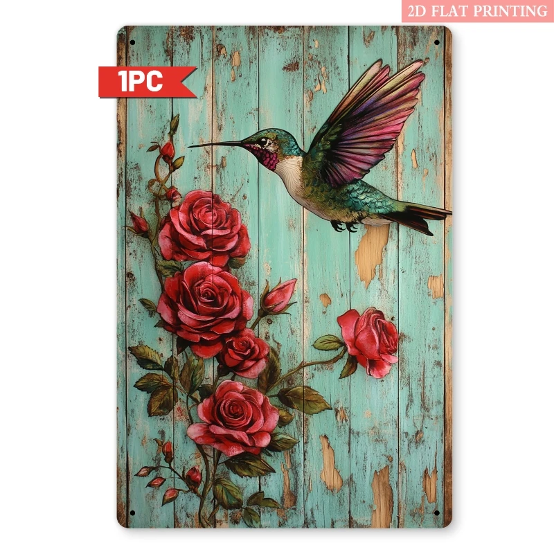 Vintage Hummingbird Rose Metall-Blechschild, 20 x 30 cm, botanische Wanddekoration, Eisenplakette für Schlafzimmer, Café
