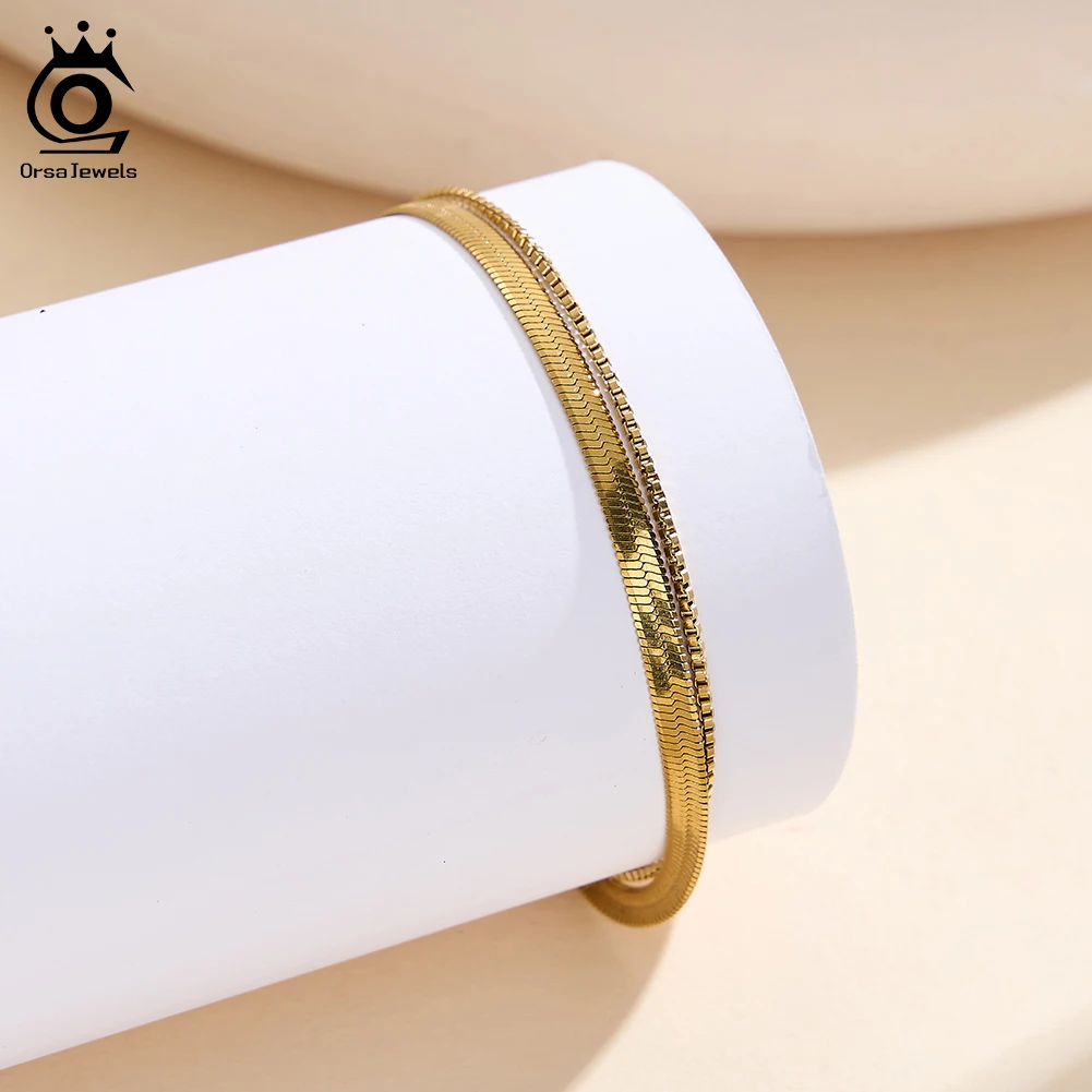 ORSA JEWELS Layered Snake Chain Bracelets 3mm Stainless Steel Box Links Wristband Chain Bracelet Unisex Dainty Jewelry STCB09