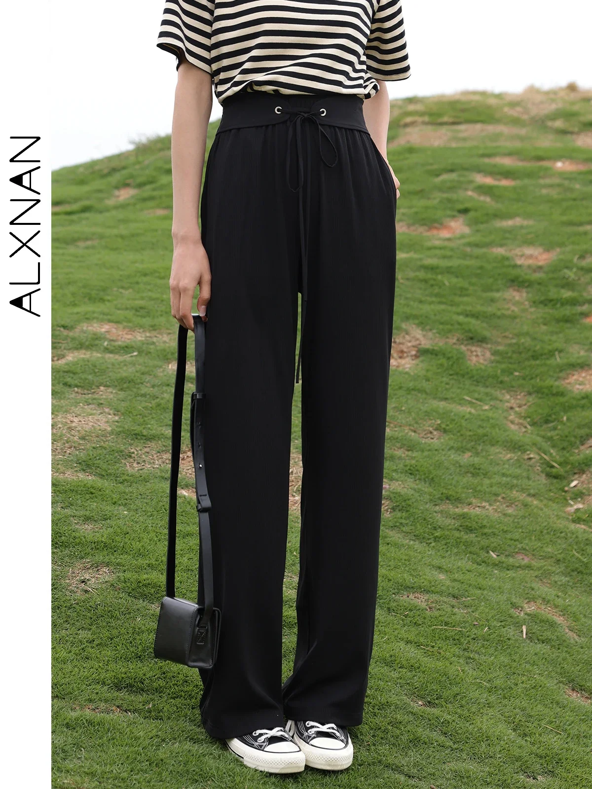 ALXNAN High Waist Casual Knitted Pant for Woman 2024 Summer Baggy Straight Pants Commuter Full Length Female Trousers LXN25338