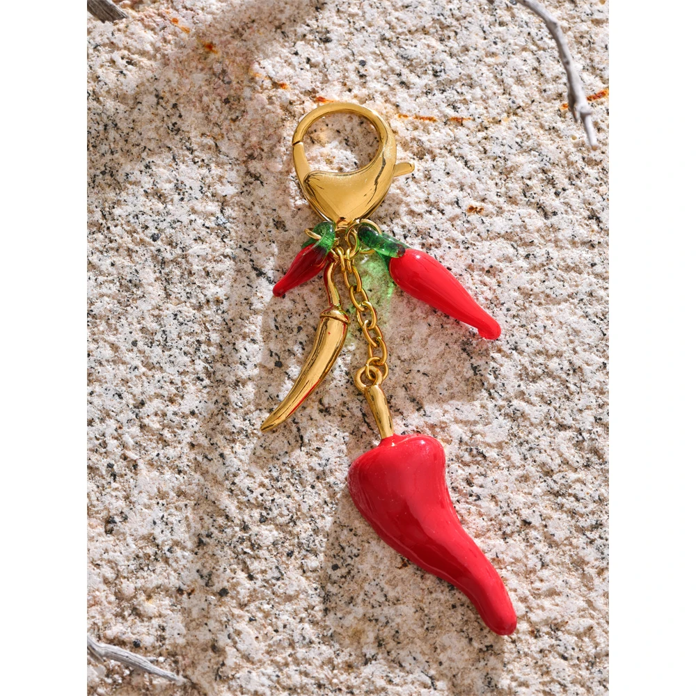Yhpup Exclusive Design Red Enamel Resin Chilli Key Chains Stainless Steel Handbag Pendants Keyring Vacation Jewelry Gift