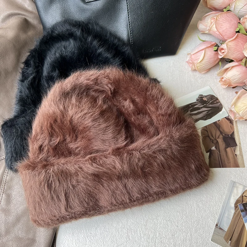2023 neue Mode Kaninchen Fell Y2k Mützen für Frauen Weiche Warme Flauschigen Angola Winter Hut Weibliche Winddicht Motorhaube Hut Skullies Kappe – Detail 28