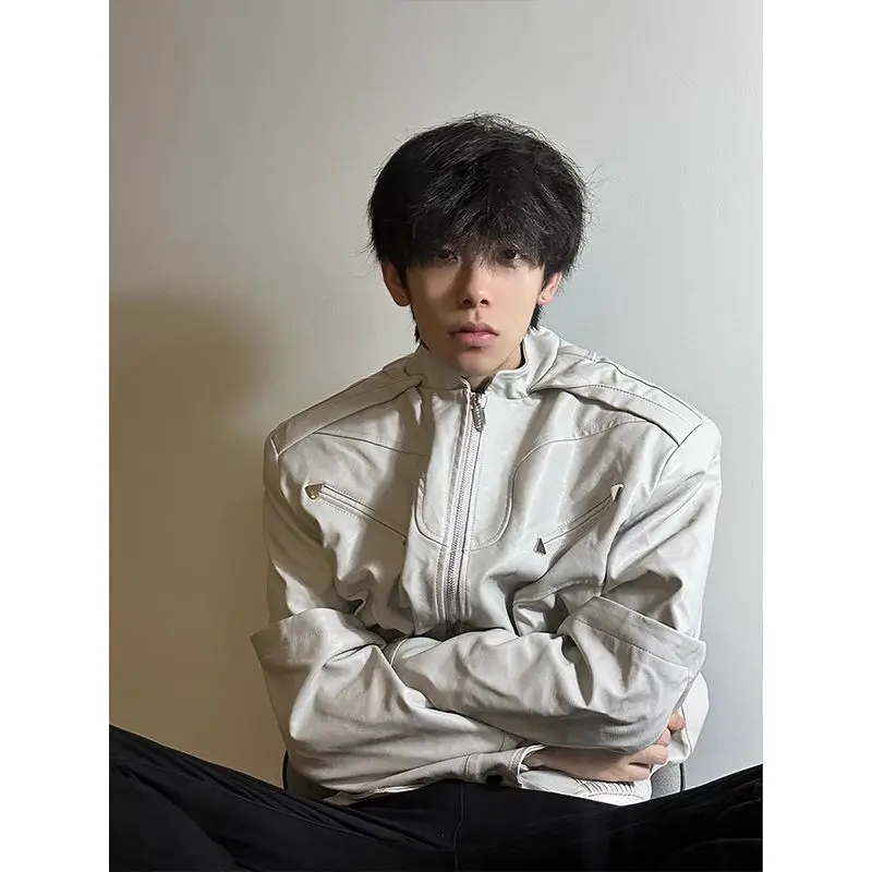 

Original Quali PU Leather Jaet White Bla Youth Faion Zipper Decorated Loose Fit Spring Autumn Wear for Men