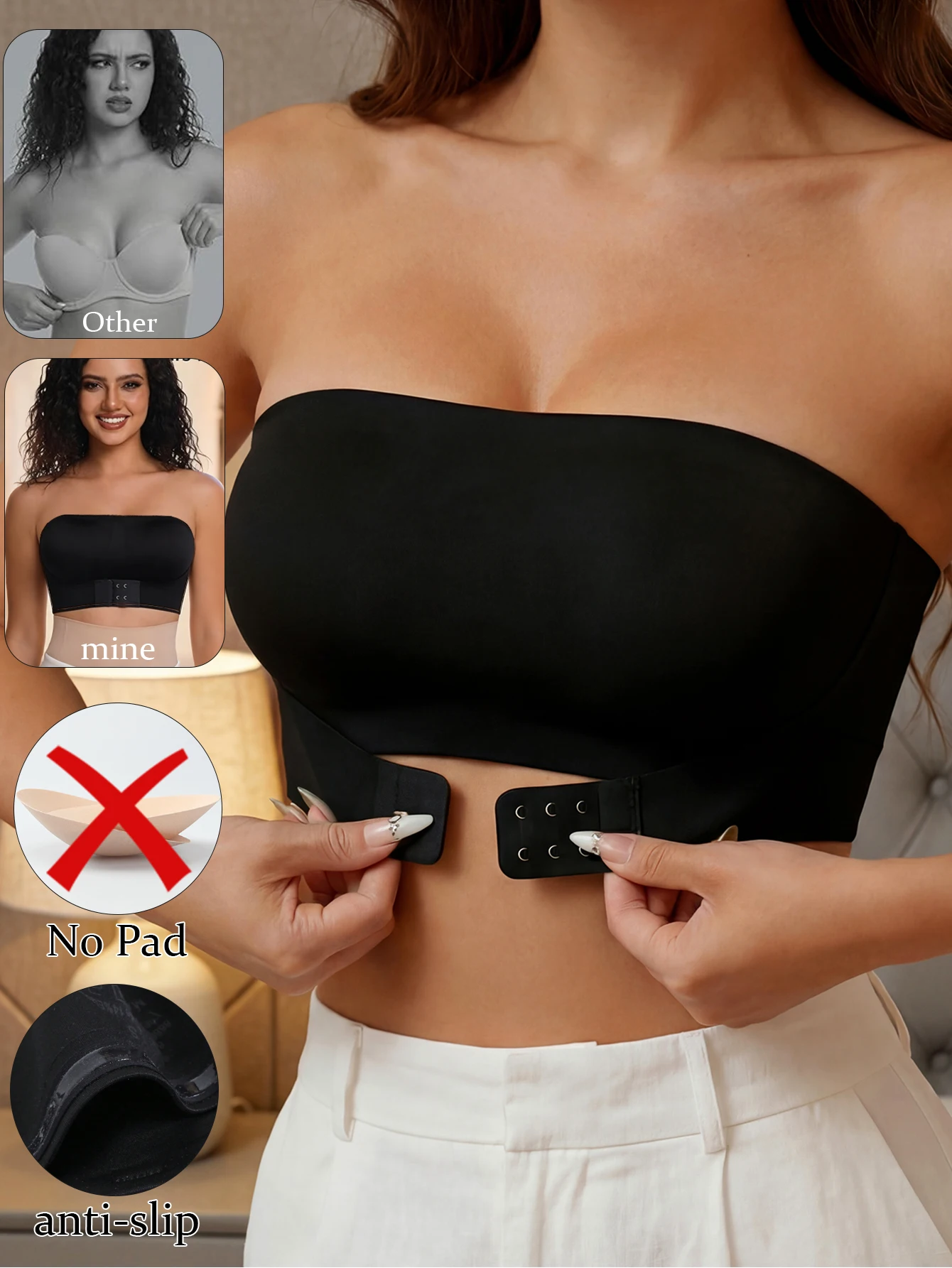Trägerloser BH für Damen, nahtloser BH mit Schnalle vorne, kabelloser, rutschfester BH, sexy Crop-Top-Unterwäsche, unsichtbarer Halbschalen-BH, einteilig – Detail 10