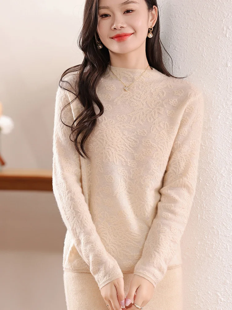 100% Pure Wool Jacquard Sweater Ladies Stand Collar Loose Knit Pullover Fashion All-Match Long-Sleeved Blouse Autumn New Jacket