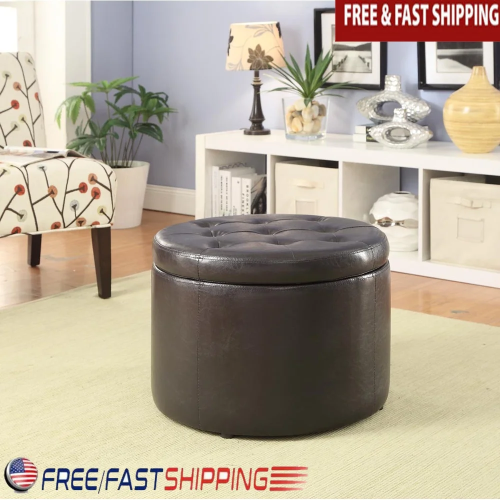 

Round Faux Leather Shoe Storage Ottoman with 12 Compartments Button Tufted Lid Indoor Home Decor Organizer Furniture