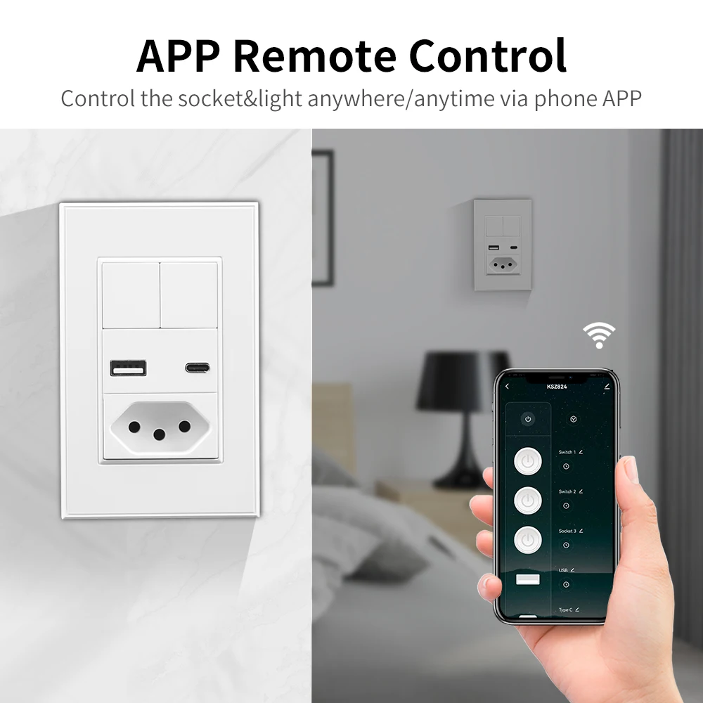 WiFi Smart Life Wall Switch&16A Socket Brazil Standard 4X2 Push Buttons Light Switch with USB Type C Tuya APP Alexa Google Home