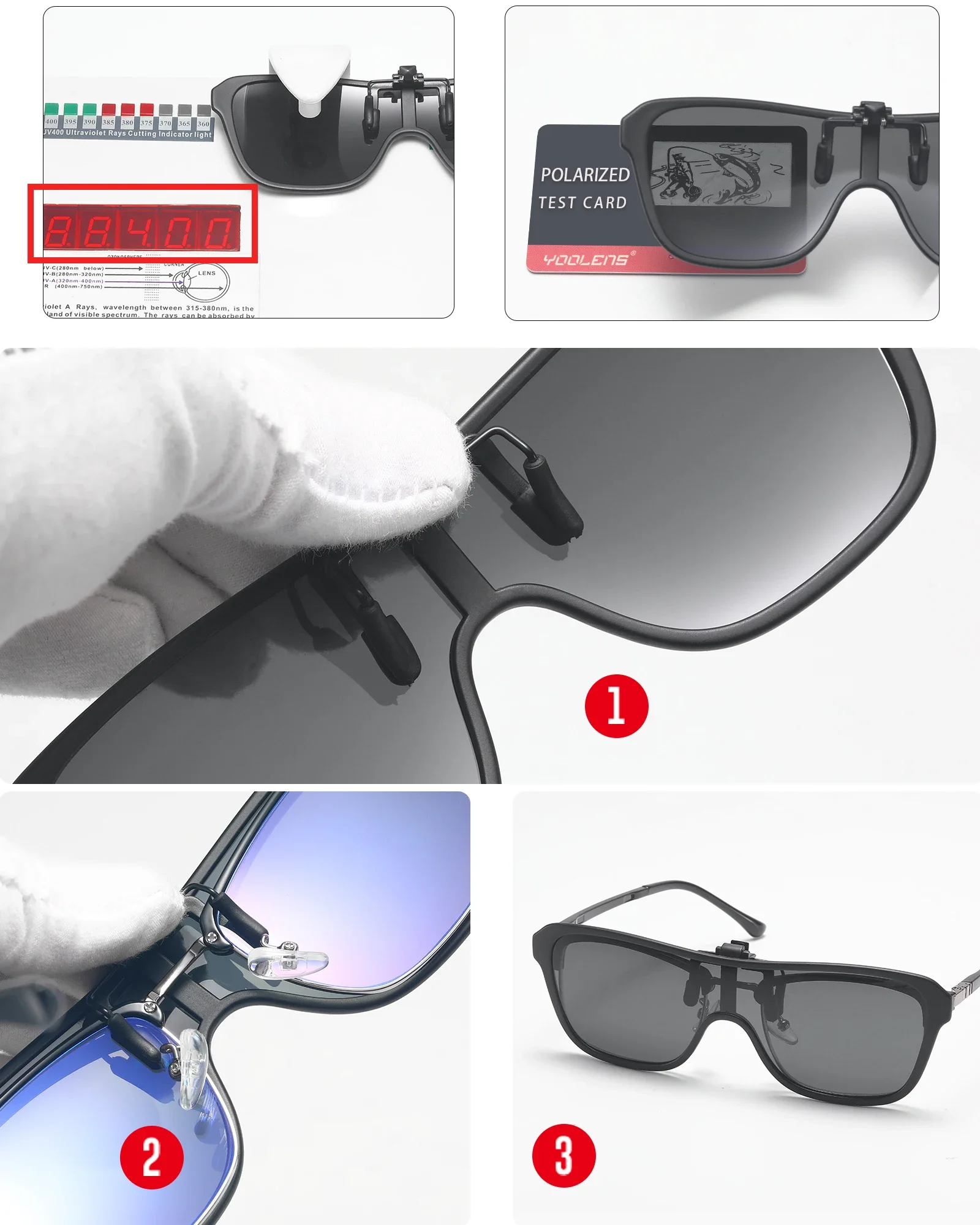 VEITHDIA Neuerscheinung Clip-On Klappbare Sonnenbrille Outdoor-Clip Polarisierte TAC UV400 Linse Schutzclip Geeignet für Brillen VXK1 – Detail 8