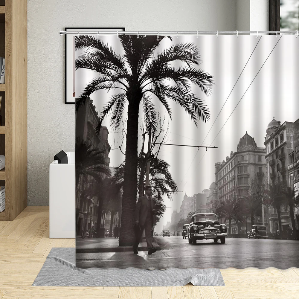 Europe City Street Style Black White Street View Shower Curtain Vintage Building Decor Screens Bathroom Curtains With Hooks Set