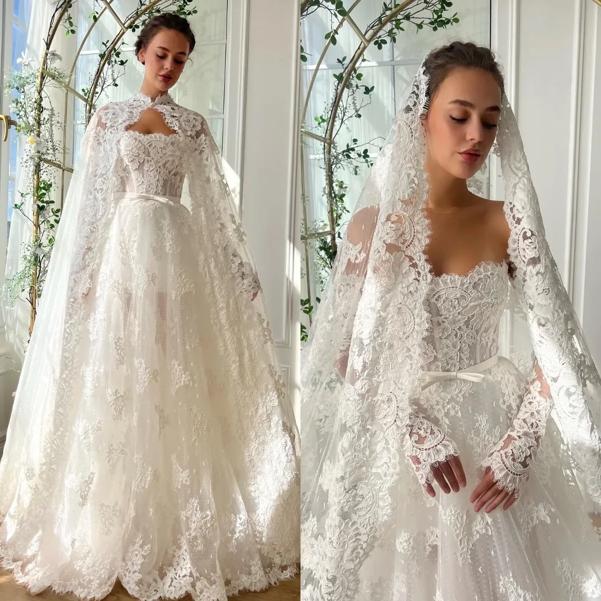 

Customized Princess Lace A Line Wedding Dresses Bridal Gowns with Cape Strapless Long Sleeves Wedding Dress Plus Size Vestidos D