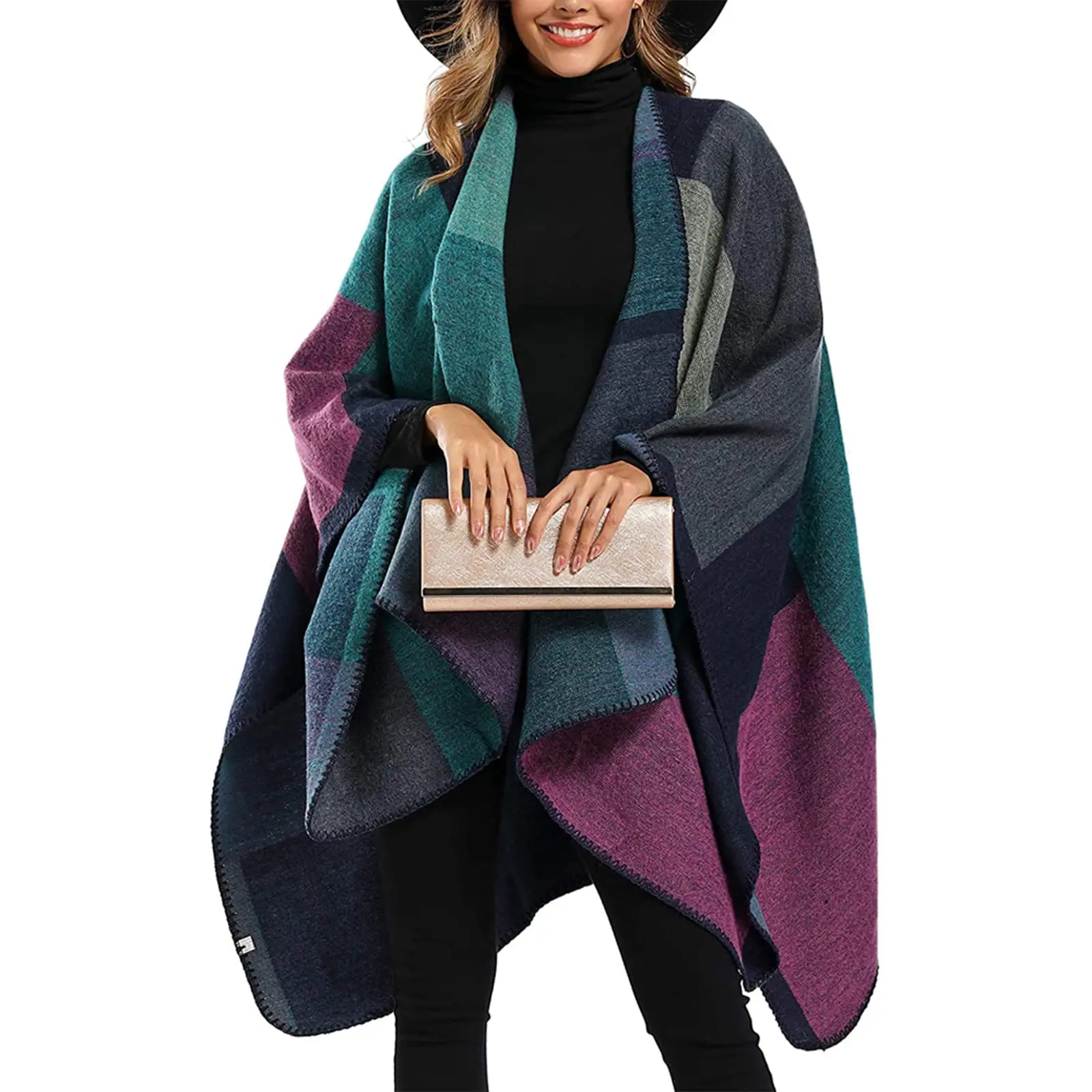 Manteau châle épais pour femme, grande taille, automne, Ponchos, bloc à carreaux, ouvert devant, pull, écharpe polaire, tenues de vacances