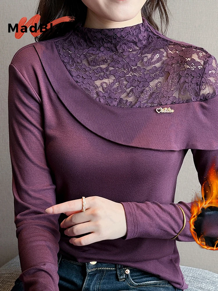 MadBlack-Women European Brushed T-Shirt, Sexy Mock Neck Lace Patchwork, Fashion Long Sleeve Slim S-3XL Tee, 2025 Fall T5O069CC