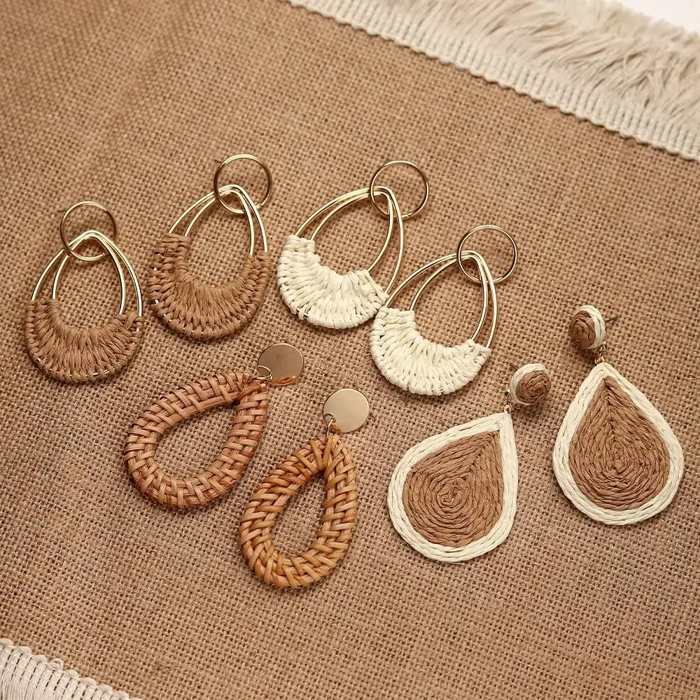 1 or 4 Pairs Handmade Raffia Rattan Bohemian Round Drop Dangle Earrings for Women, Boho Statement Cute Fun Hoop Earrings Set