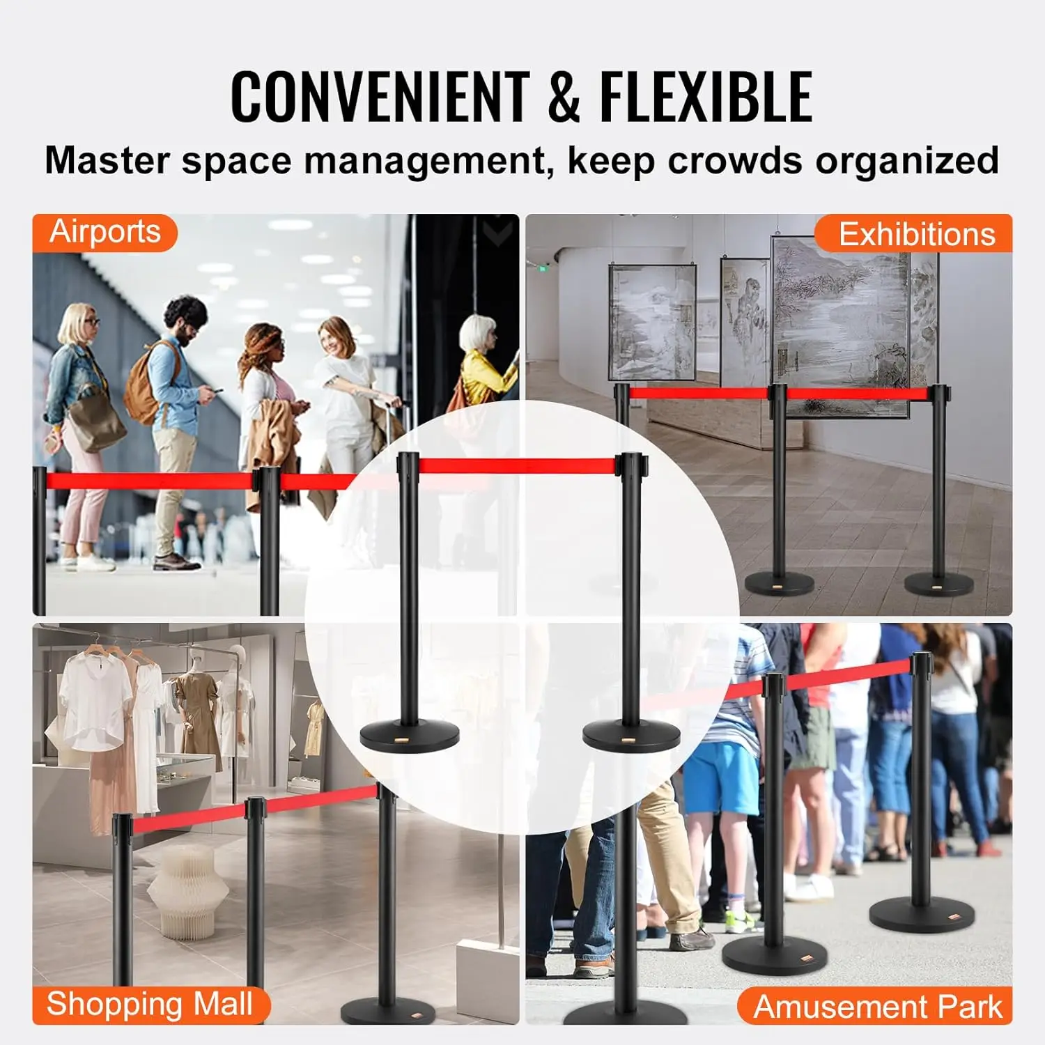 Crowd Control Stanchions, 2-Pack Crowd Control Barriers, Carbon Steel Baking Painted Stanchion Queue Post
