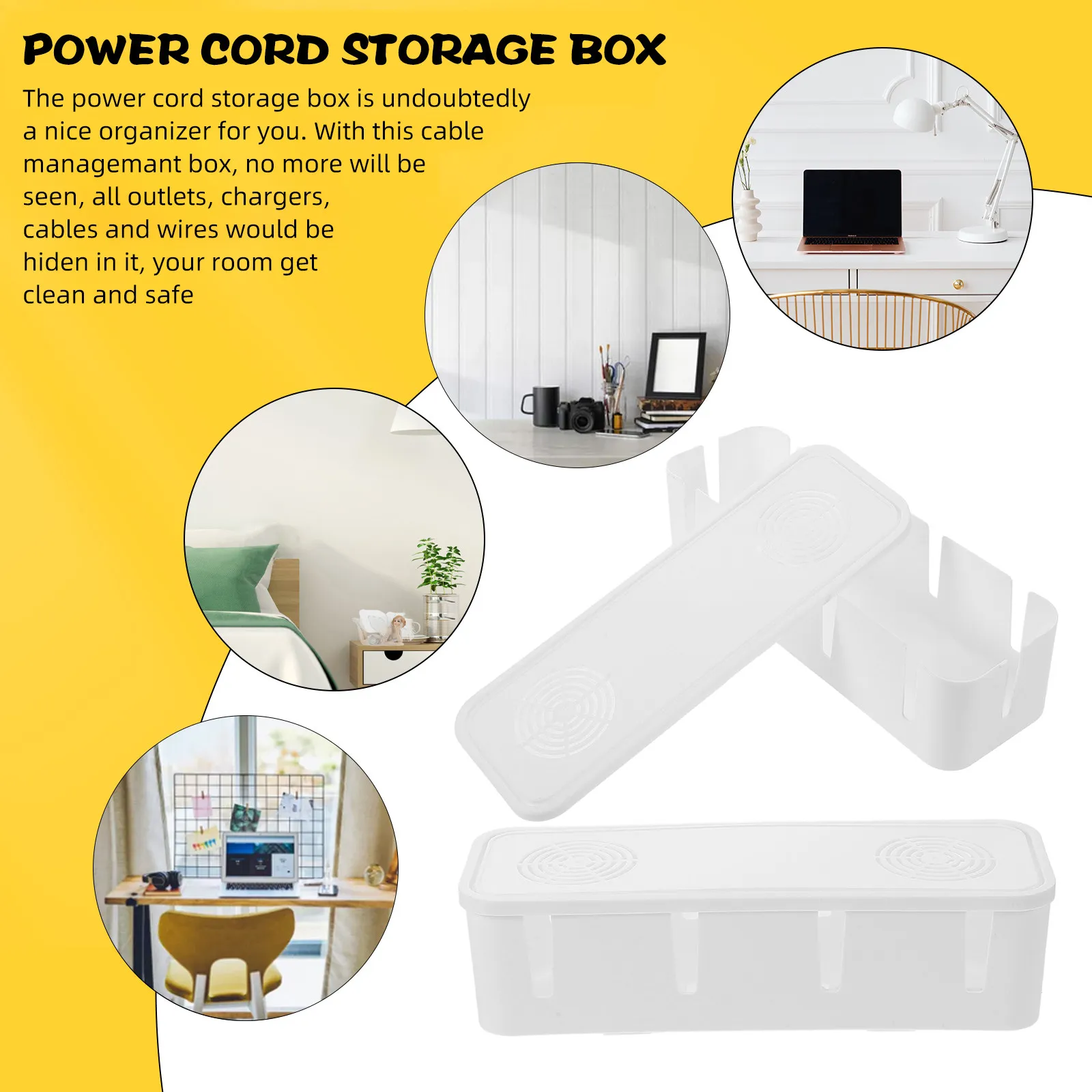 Cable Management Box for Power Strip & Charging Cables – 2Pcs Desktop Wire Organizer, Scratch-Resistant Plastic