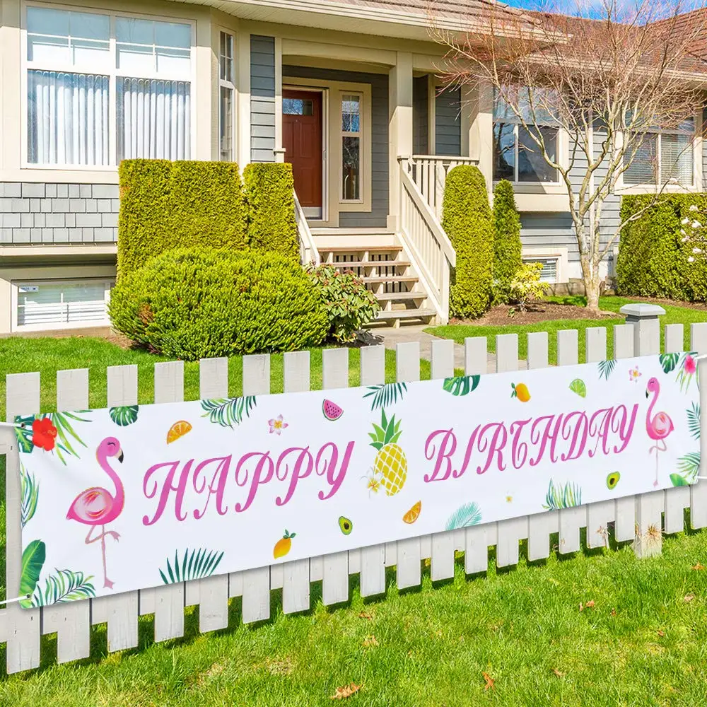 

Flamingo Happy Birthday Banner Outdoor Decorations for Girls Pink Hawaiian Luau Tropical Theme Party Supplies Porch Yard Sign