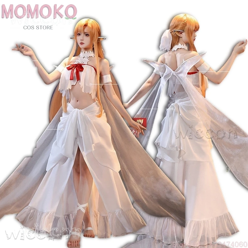 Disfraz de Asuna de Sword Art Online, ideal para Halloween, con atuendo de elfa, traje de prisionera, vestido elegante, peluca, atuendo de princesa, traje de juego, vestido blanco.