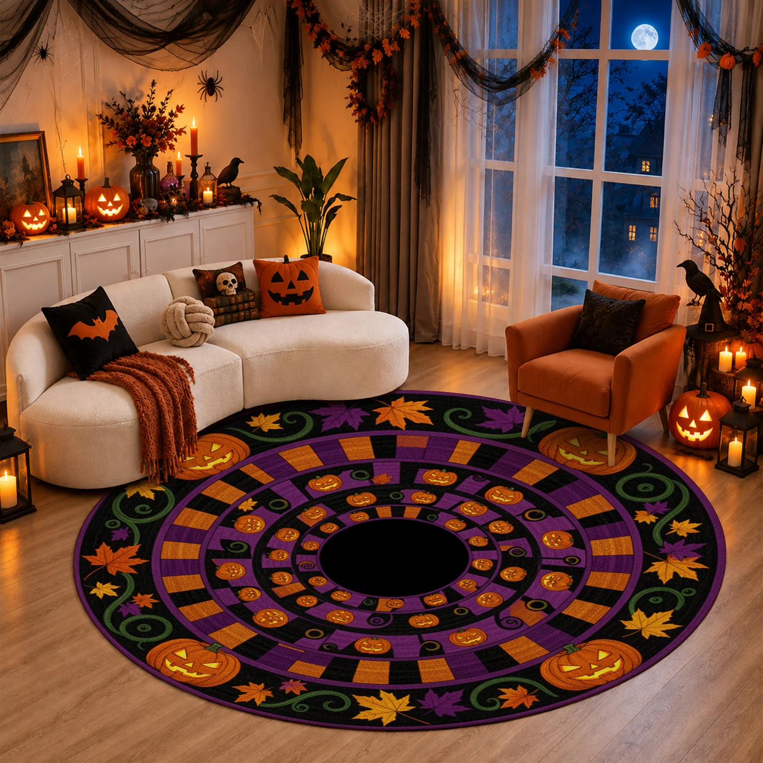 Jack O' Lantern Pumpkin Maple Leaf Circular Pattern Velvet Tree Skirt Machine Washable for Living Room Holiday Gathering Entryway Dining Area Halloween Thanksgiving Christmas New Year Black Friday Cyber Monday