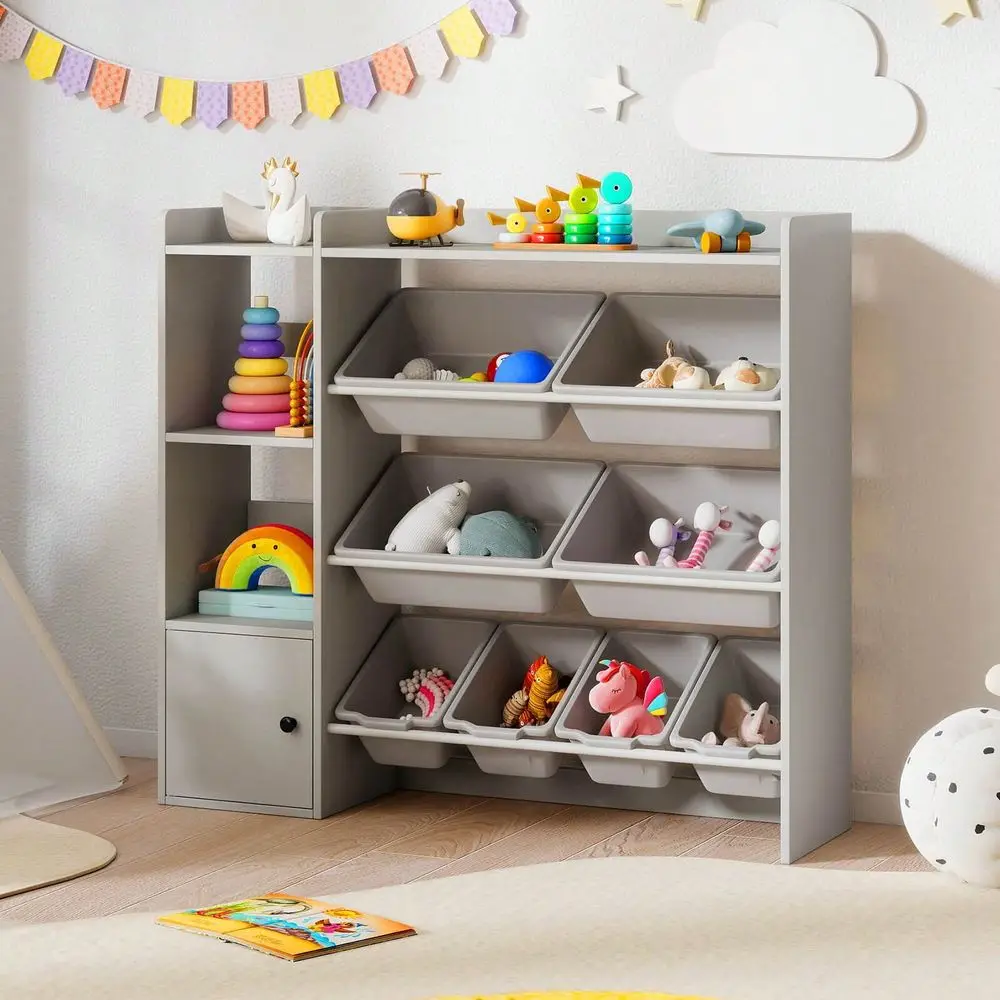 

Kids' Storage And Shelving Toy StorageToy Storage And Bookshelf, Wooden Bookcase With 4 Small Boxes 4 Large Boxes Gray White