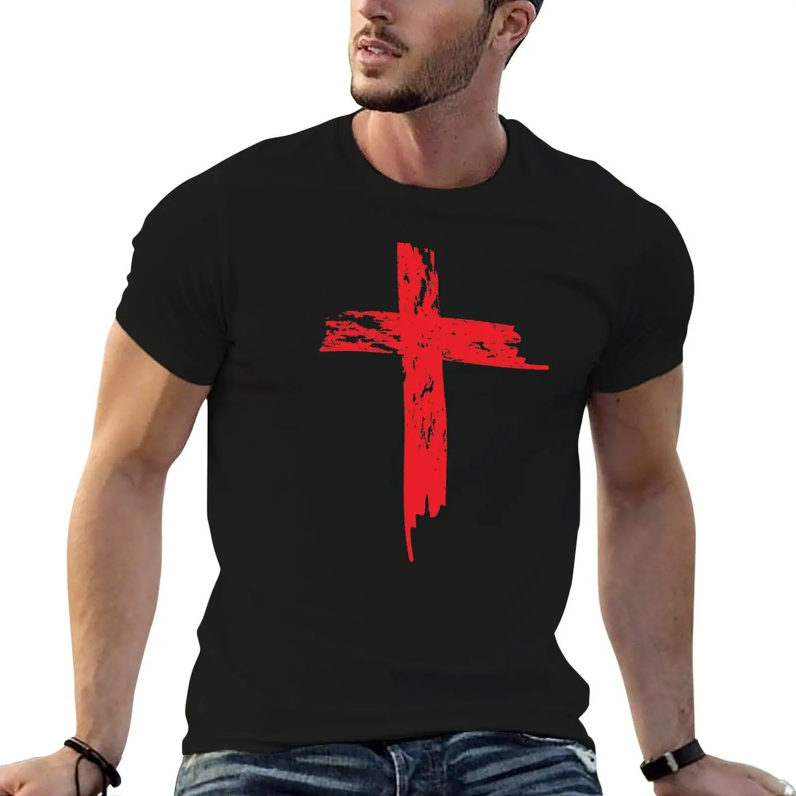 Red Grunge Distressed Cross T-Shirt anime clothes oversized graphic tee Blouse graphic tee shirt big and tall t shirts for men