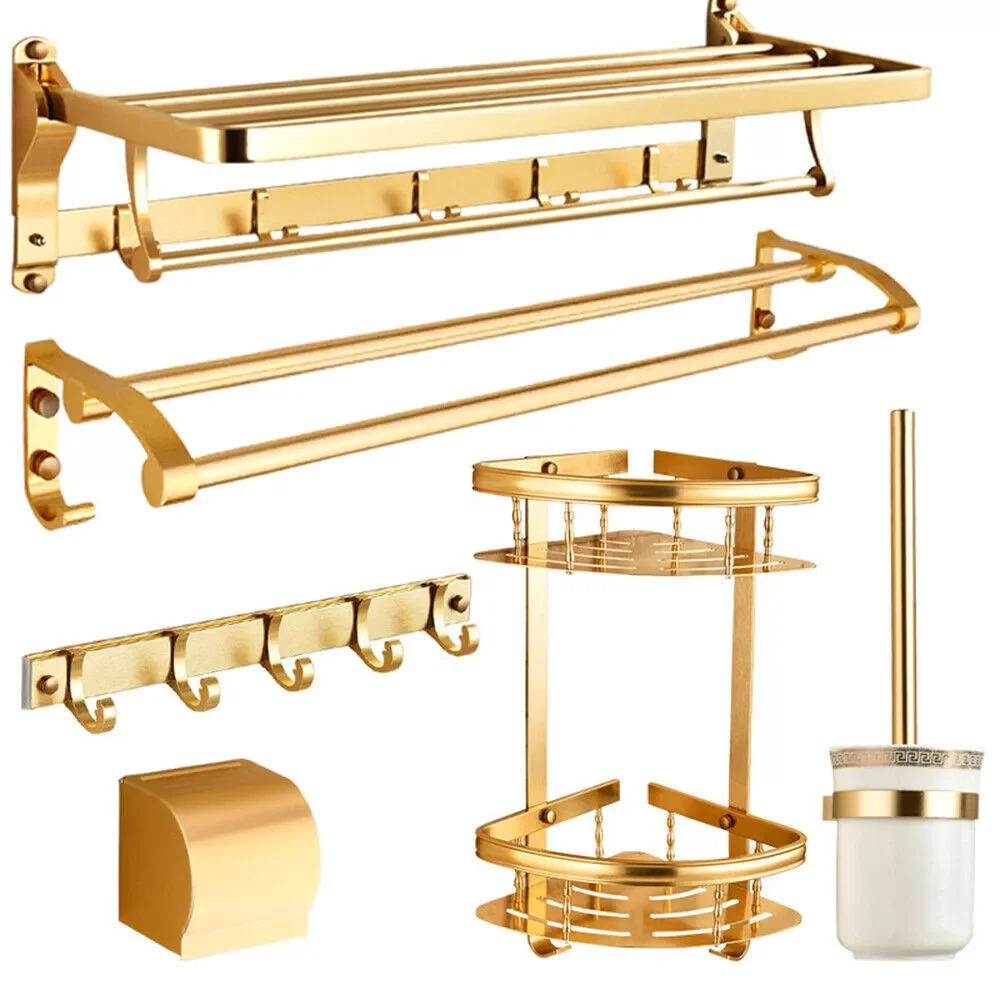 Bathroom Accessories Set Wall Mounted Bath Toilet Hardware Towel Bar Shelf + Row Hook +  Roll Tray +Toilet Brush + Double Tripod