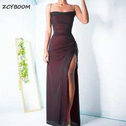 Customized Dark Red Spaghetti Straps Tulle Mermaid Prom Gown 2024 Sexy High Side Slit Cocktail Party Floor Length Evening Dress