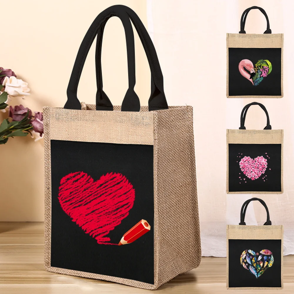 

Women's Linen Tote Bag Reusable Shopping Bags Women's One-shoulder Tote Bag Love Pattern Print for Grocery Shopping Tote