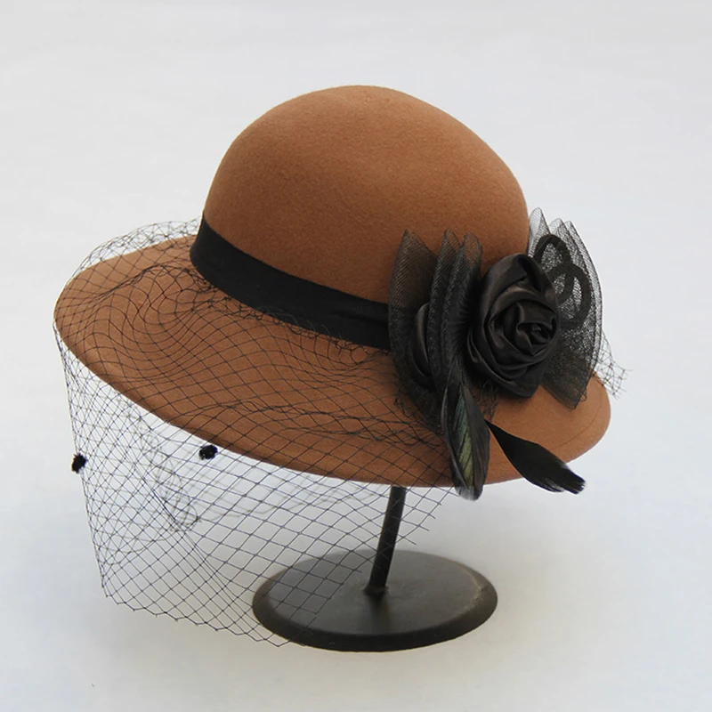 Women Fascinator Wool Felt Hat Flower Veil Wedding Hats  display picture 3