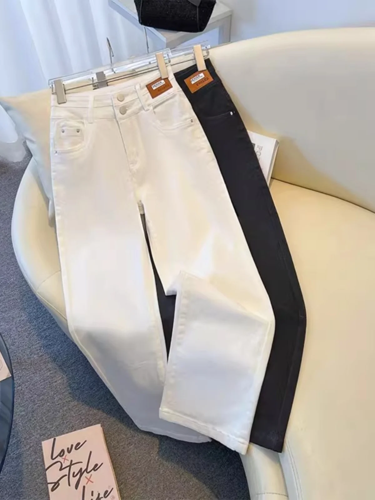 

High Waist Wide Leg Casual Straight Jeans Women's White Denim Pants Spring Autumn New Sle Loose Fit Trousers