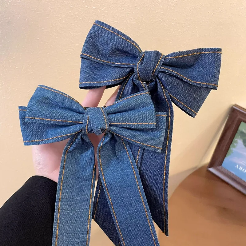 الكورية الفتيات الدنيم فيونكات شعر كليب للنساء كبيرة اليدوية Bowknot دبابيس الشعر خمر الإناث إكسسوارات الشعر