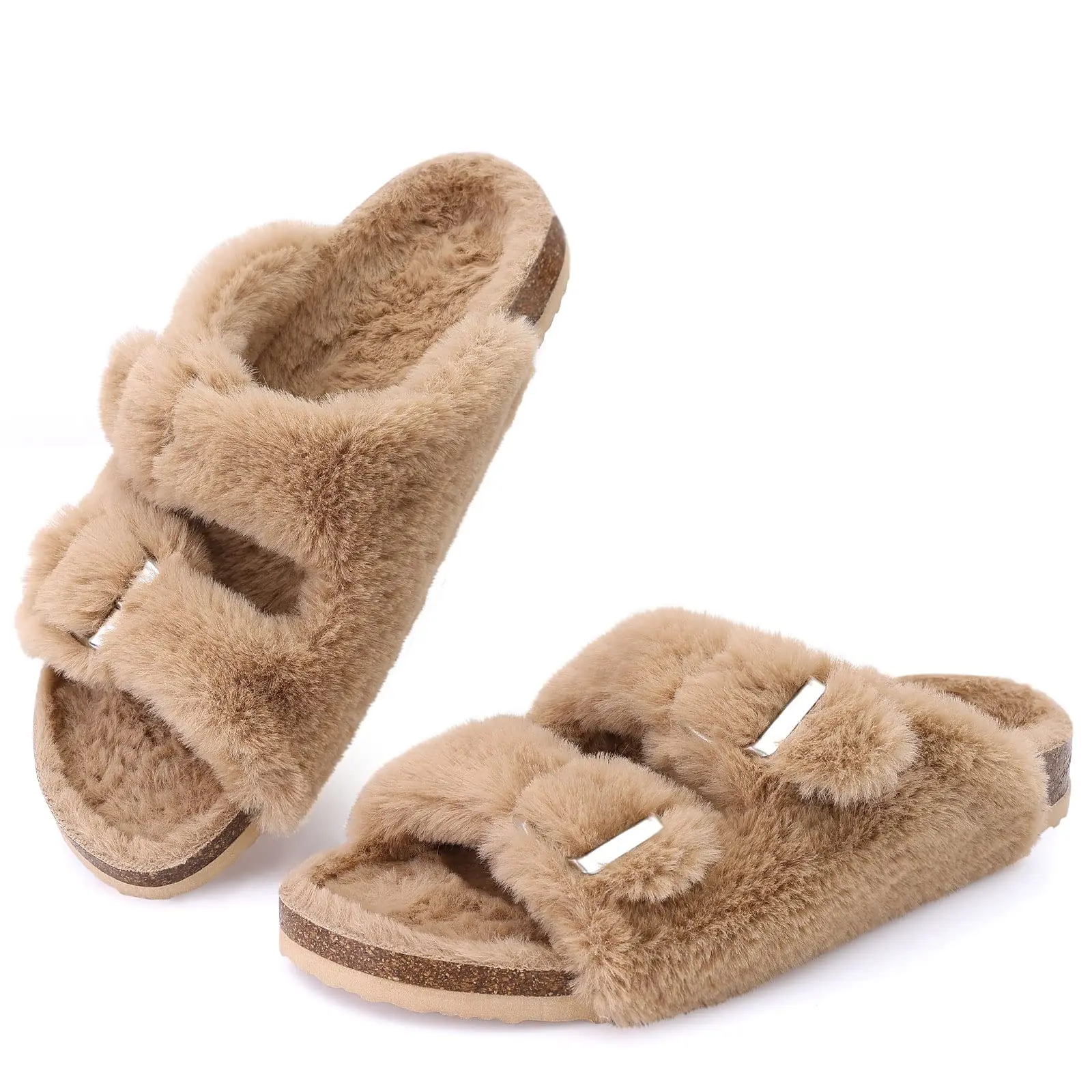 Crestar Women Fuzzy Slippers with Cork Footbed Fluffy Slide Sandals Open Toe Indoor House Shoes Arch Support Adjustable Slippers