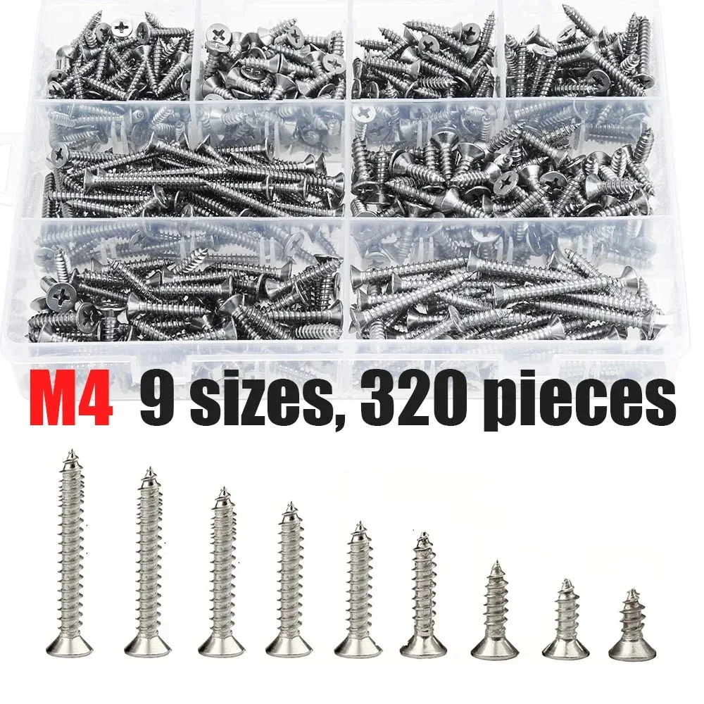 320-Piece Set of M4 Stainless Steel Self-Tapping Screws, Wood Locking Screws, Suitable for Locking Wood and Metal.