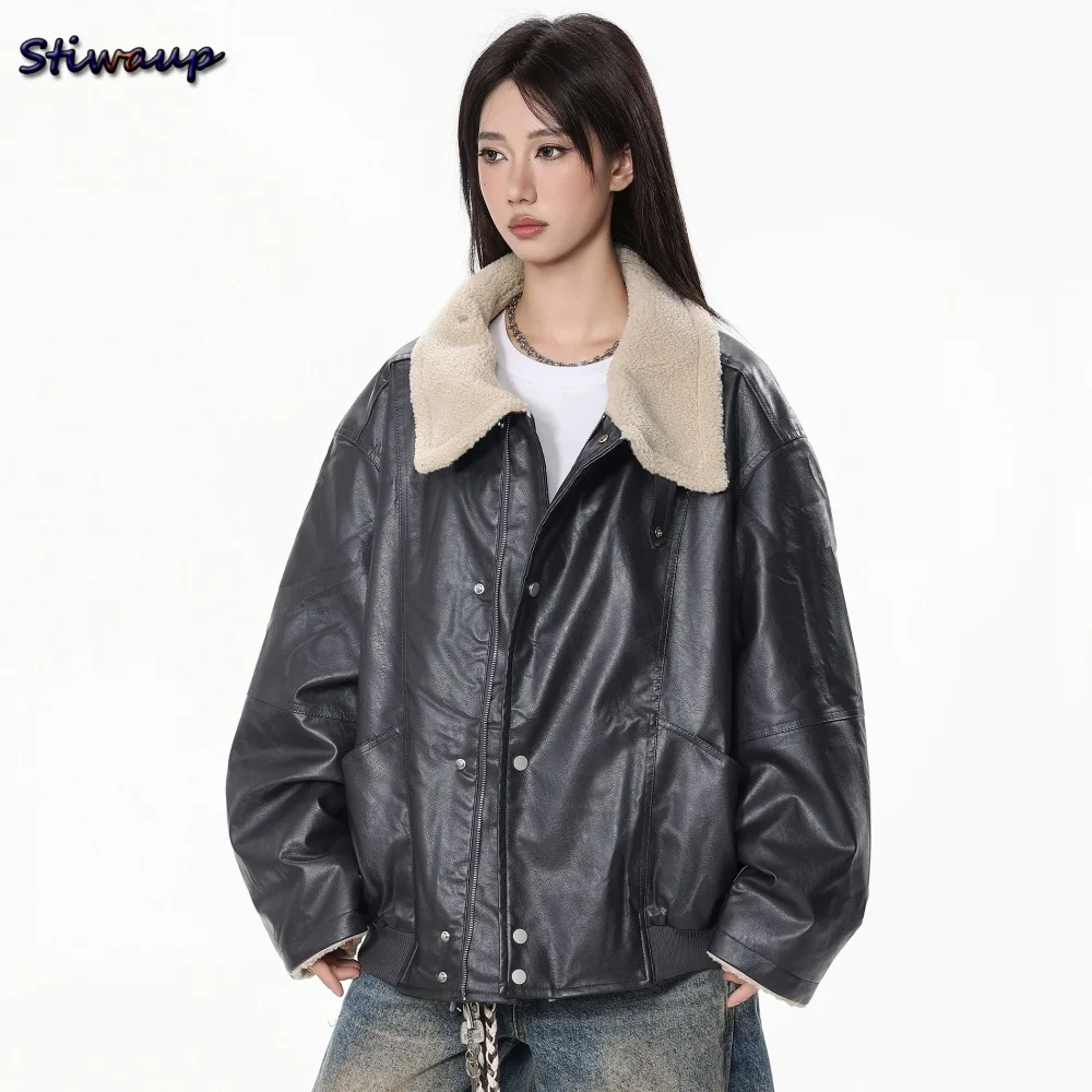 Women's Winter Sheepskin Coat for Women Black Fashion Soft PU Womens Leather Jacket Woman Fleece Lining High Quality Coat Luxury