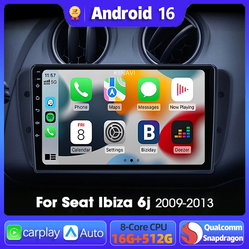 

Android 16 Navigation Multimedia Player For Seat Ibiza 6j 2009 2010 2011 2012 2013 Carplay Auto Stereo wifi+4G video Car radio
