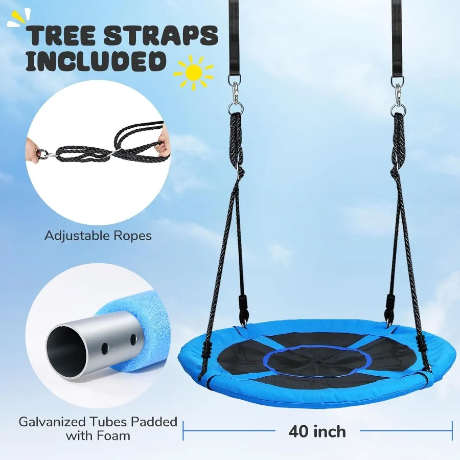 700lb 40 Inch Saucer Tree Swing 900D Oxford Waterproof 2pcs Hanging Straps Steel Frame Adjustable Ropes Blue