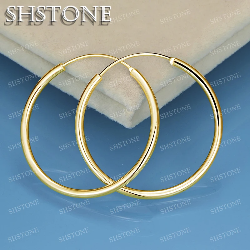 

SHSTONE 18K Gold 35mm Smooth Earrings For Women Party Wedding Banquet Fashion Charm Jewelry 925 Sterling Silver Hoop Earring